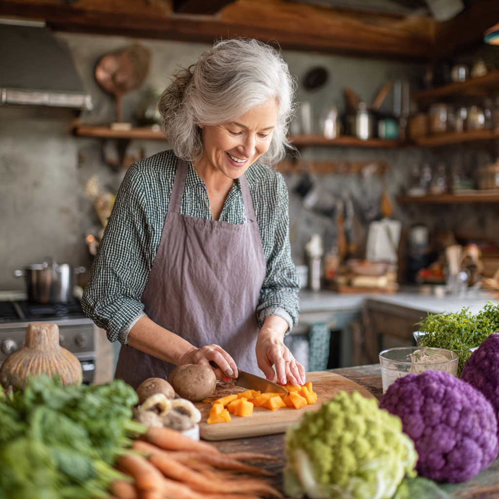 Middle-aged person preparing nutritious food that supports foot health and mobility
