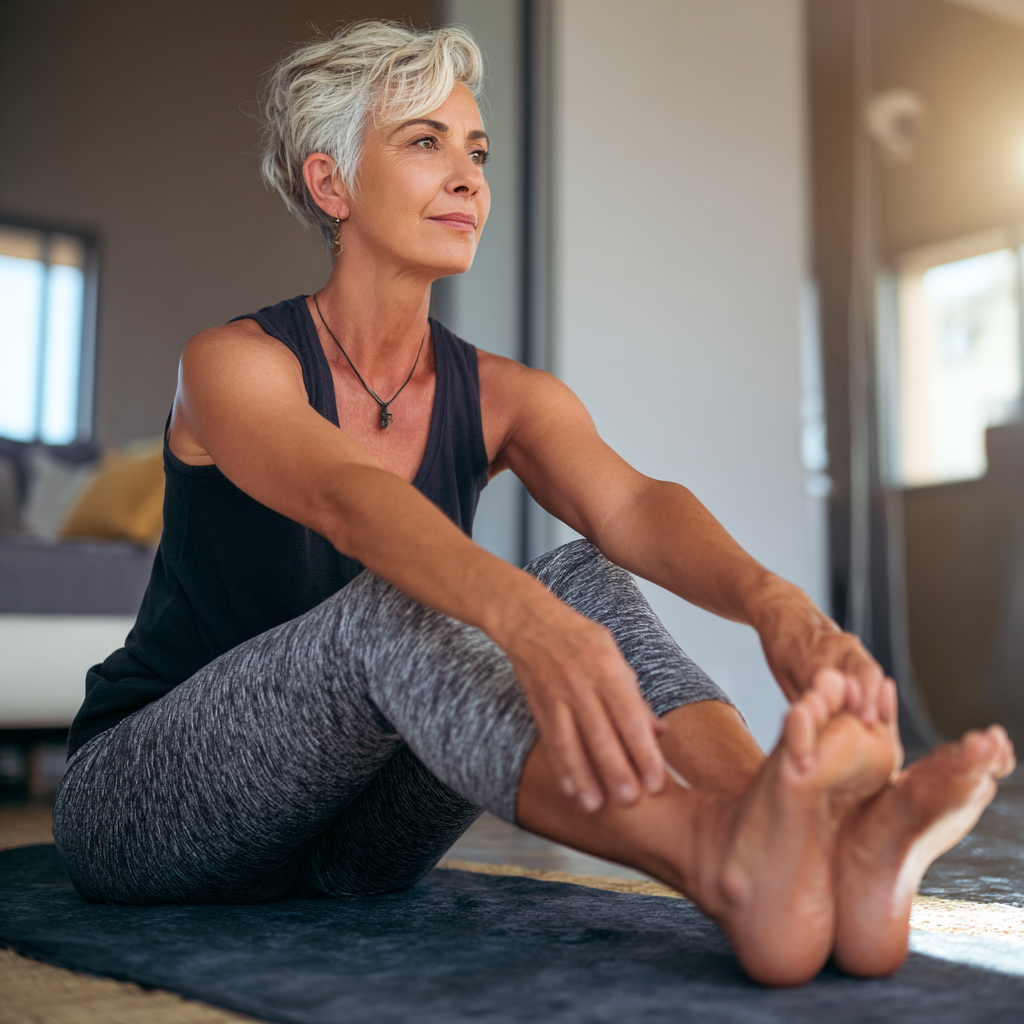 Middle-aged woman practicing gentle foot exercises for improved mobility and stability